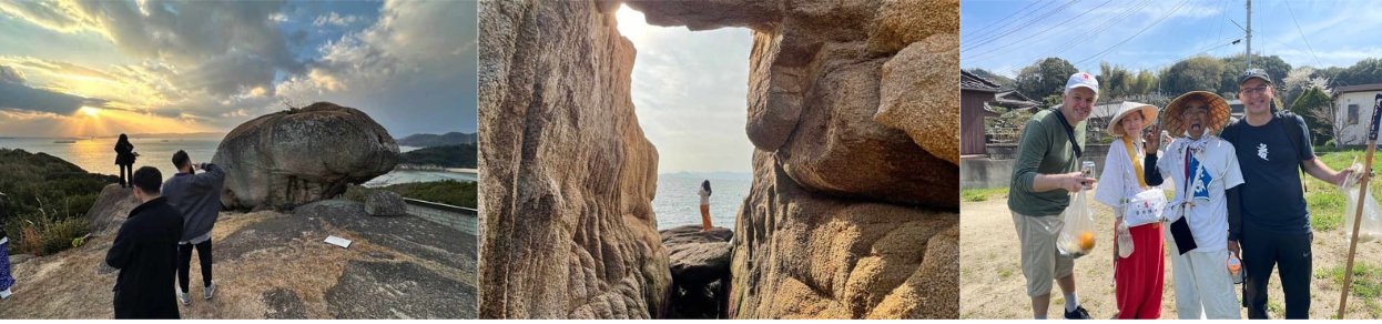 高島の風景 — 巨石と夕日、海の洞窟、島の人々